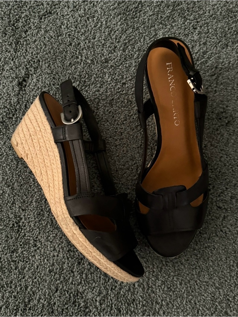 Franco Sarto Black Leather Espadrille Wedge Sandals with Natural Jute Heel
